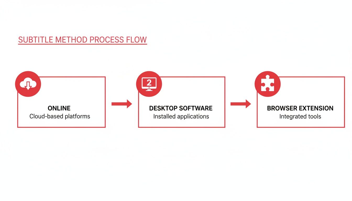 A process flow diagram shows subtitle methods: online platforms, desktop software, and browser extensions.