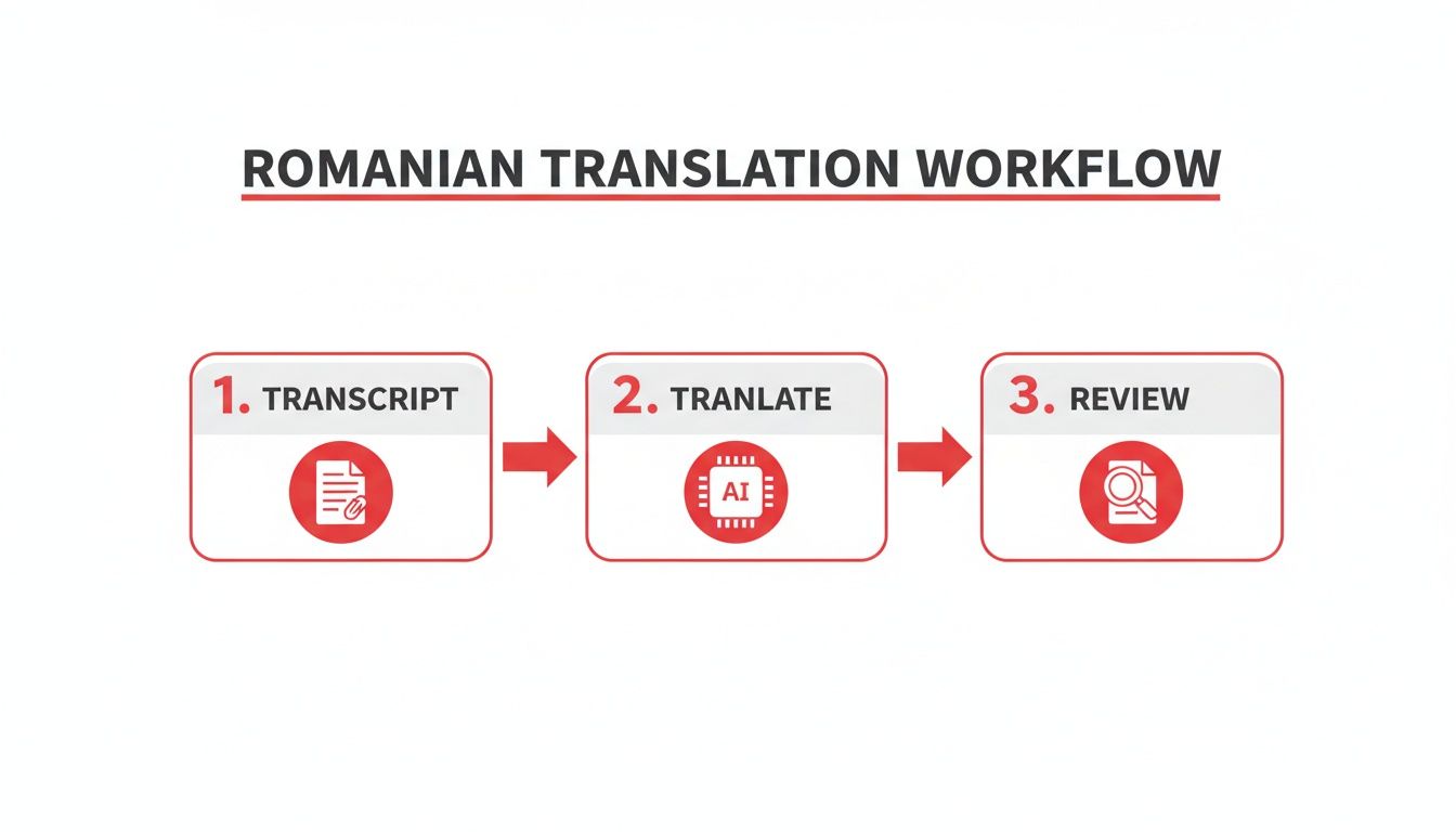 A workflow diagram illustrates the three steps for Romanian translation: Transcribe, Translate using AI, and Review.
