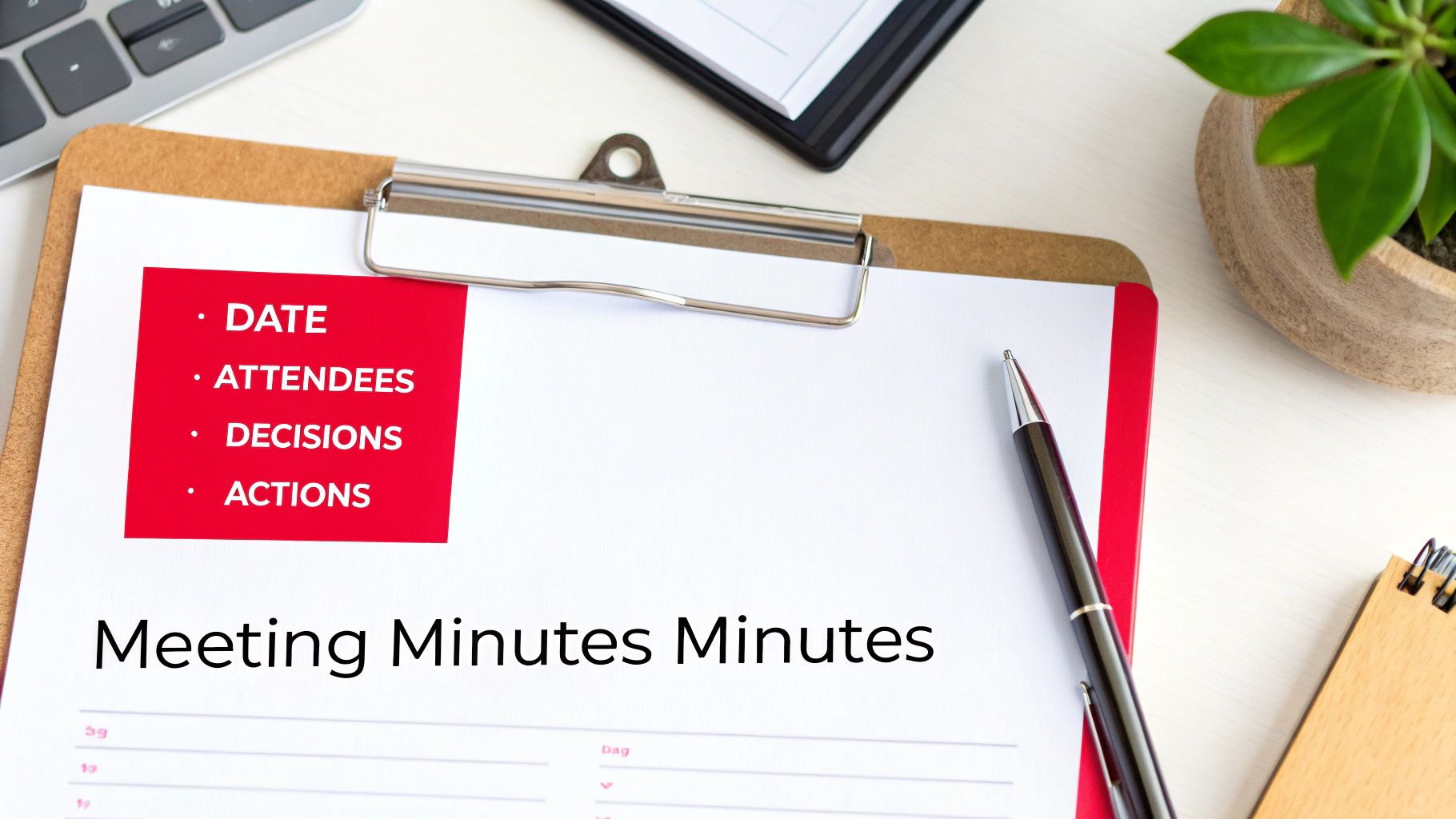A meeting minutes template on a clipboard with sections for date, attendees, decisions, and actions, next to a pen.