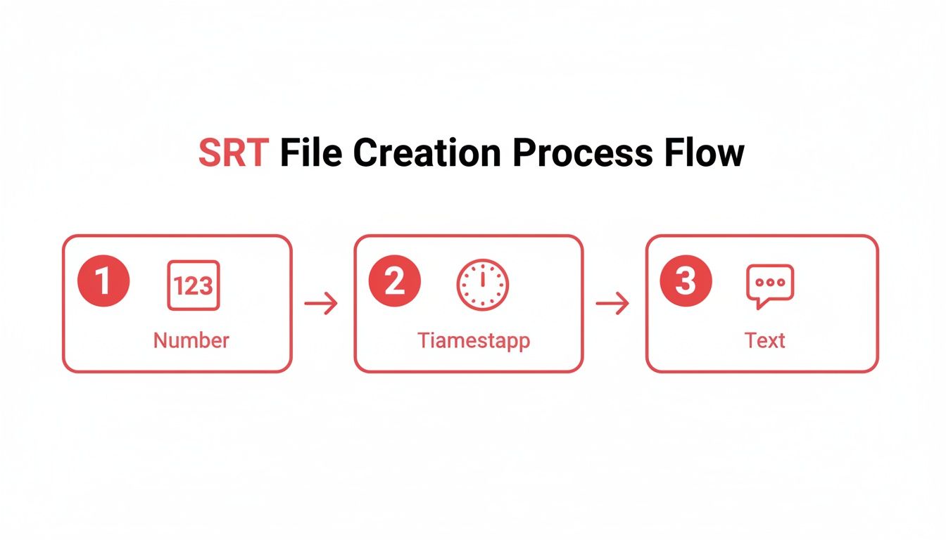 Flowchart illustrating the SRT file creation process with three steps: Number, Timestamp, and Text components.