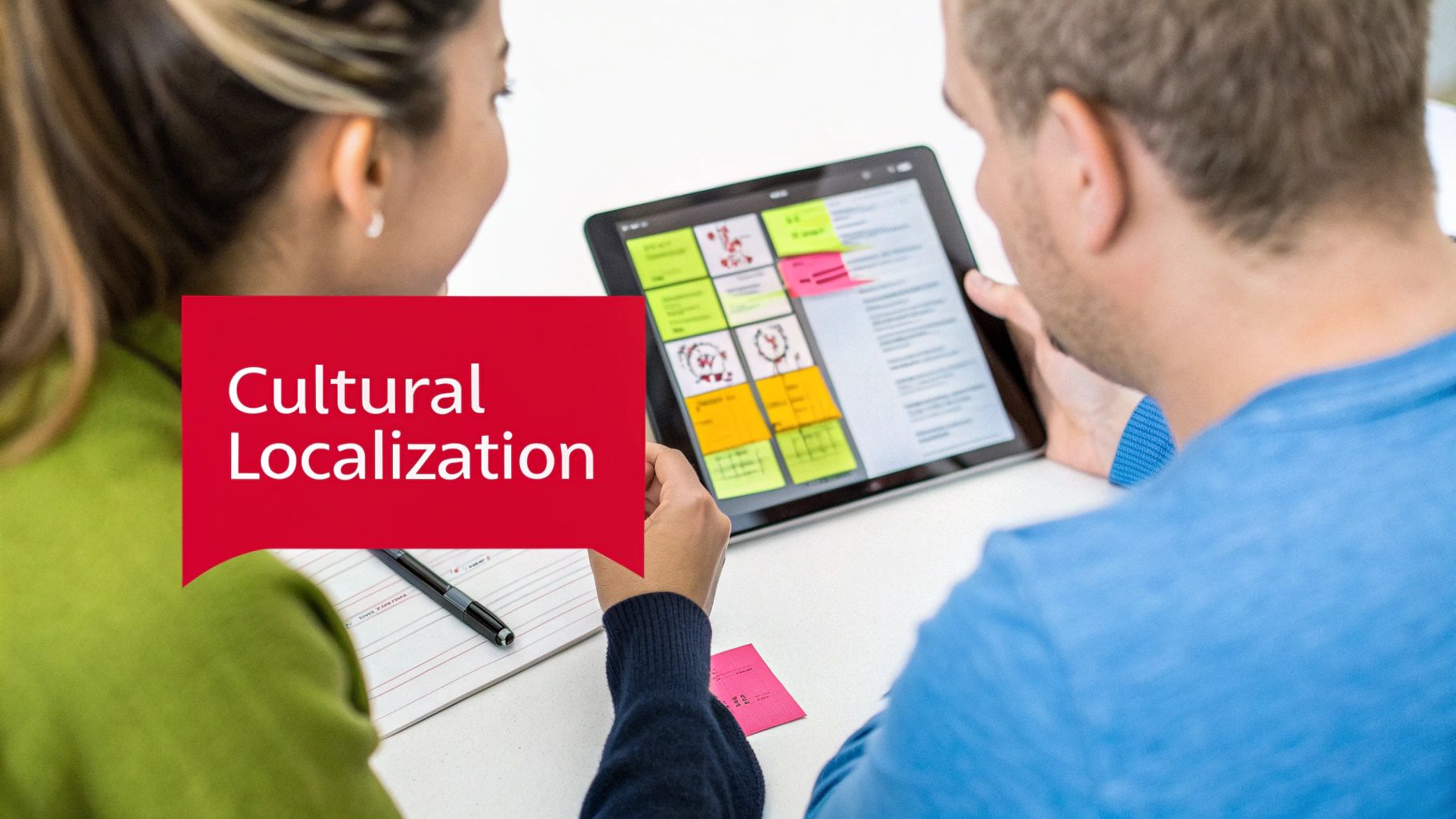 Two people collaborate on a tablet displaying project notes, brainstorming ideas for cultural localization.