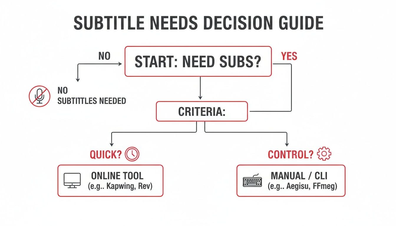 A flowchart decision guide for determining subtitle creation methods based on quickness or control.