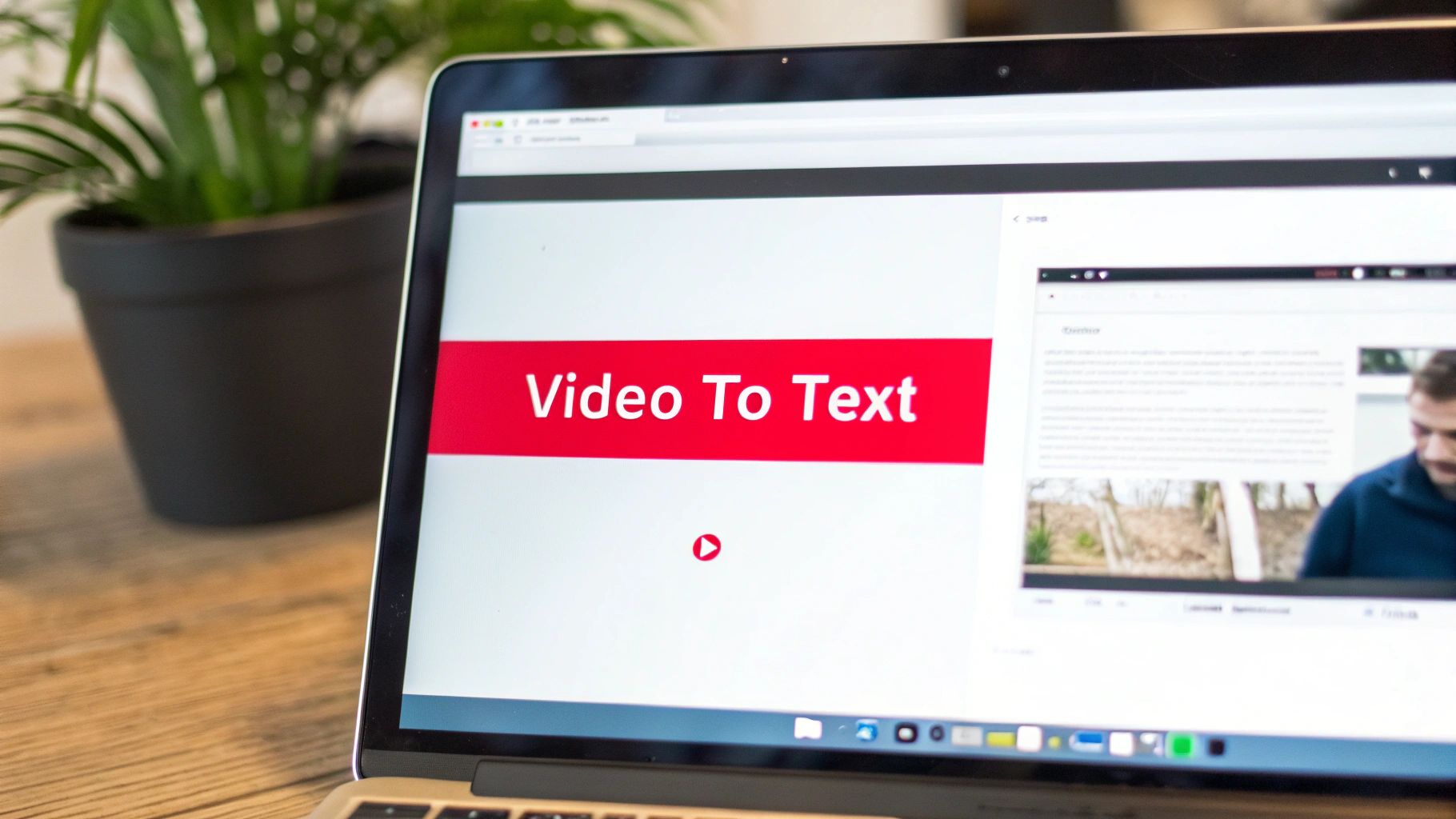 A laptop screen displays a website featuring a prominent red banner with "Video To Text" and a play button.