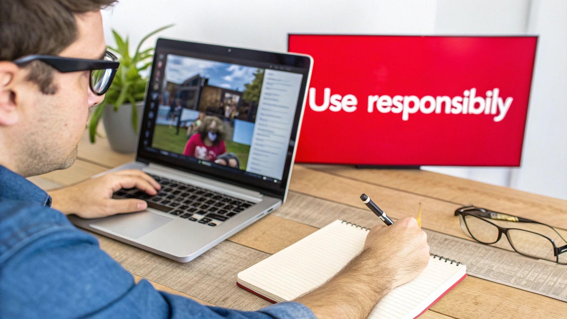 A man wearing glasses works on a laptop, writes in a notebook, with a red screen displaying 'Use responsibly' behind him.