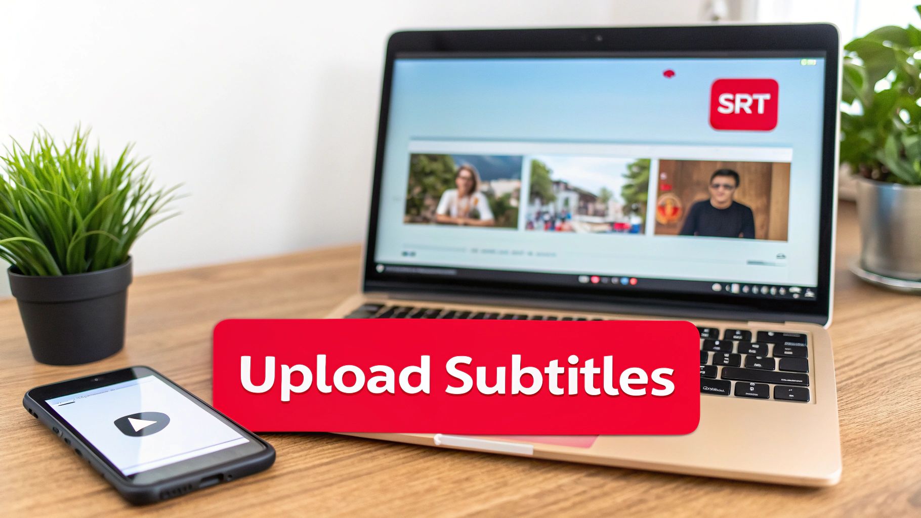 A laptop and smartphone on a wooden desk with a red 'Upload Subtitles' banner.