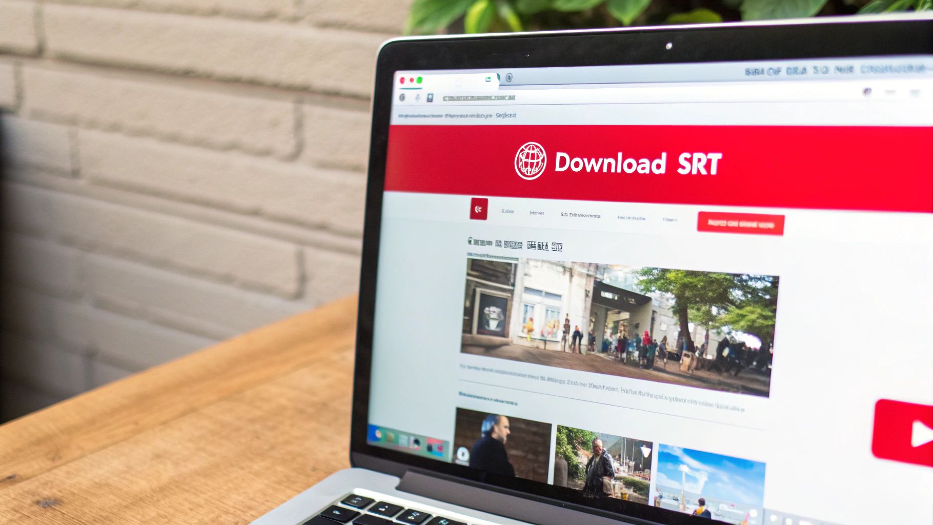 A laptop screen displays a website with a red 'Download SRT' banner and images, on a wooden table.