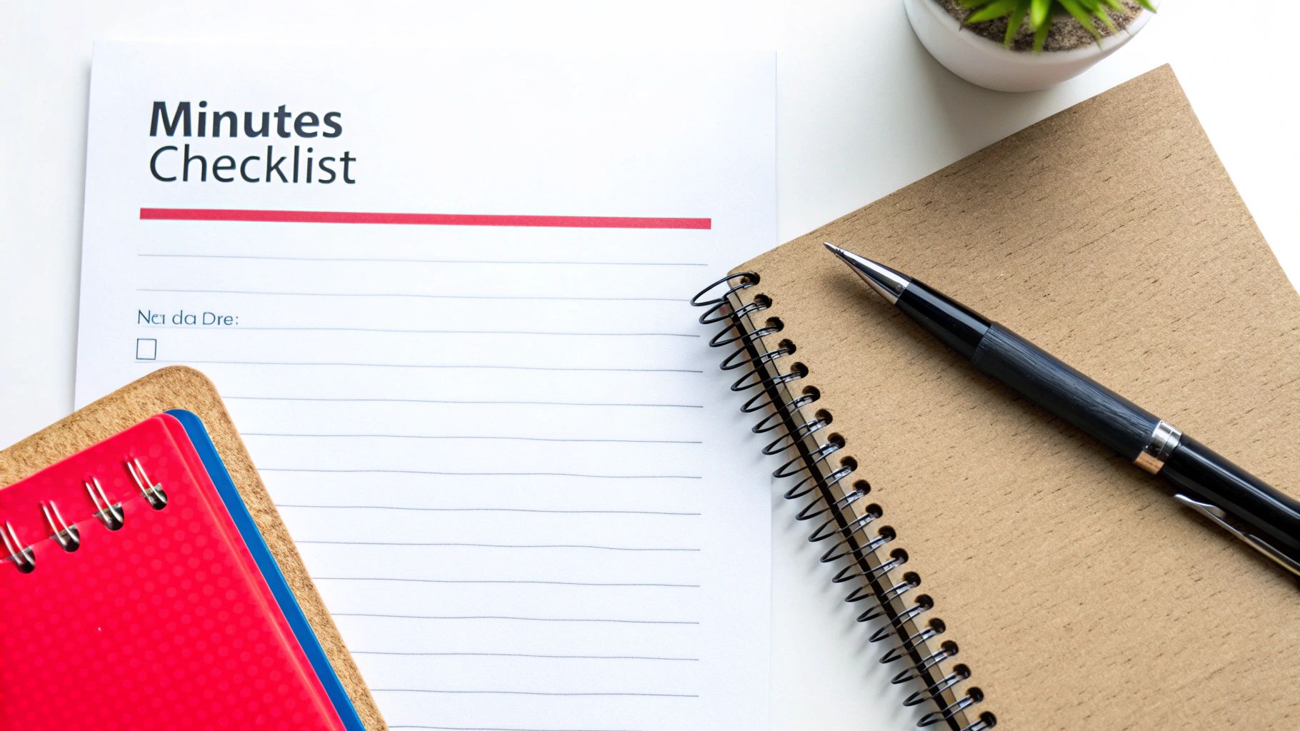 A 'Minutes Checklist' document on a white desk with a pen and notebooks, ready for a meeting.