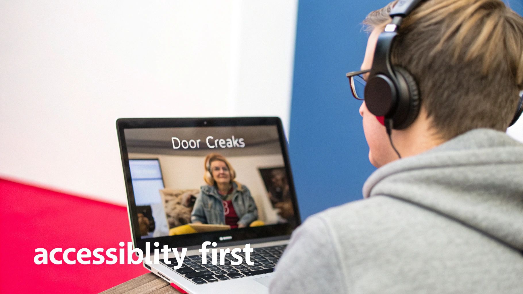 A person wearing headphones watches a laptop screen displaying 'Door Creaks' and a woman.