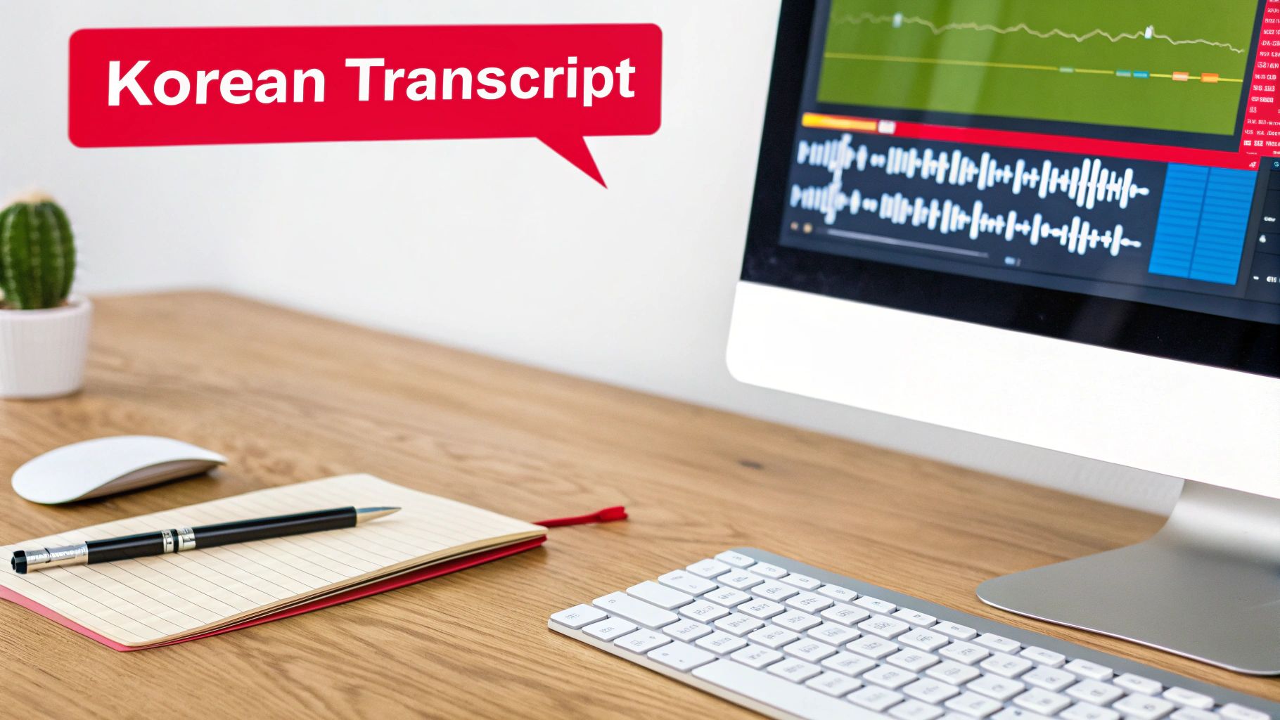 A desk setup with a computer showing audio waveforms and a red speech bubble 'Korean Transcript'.