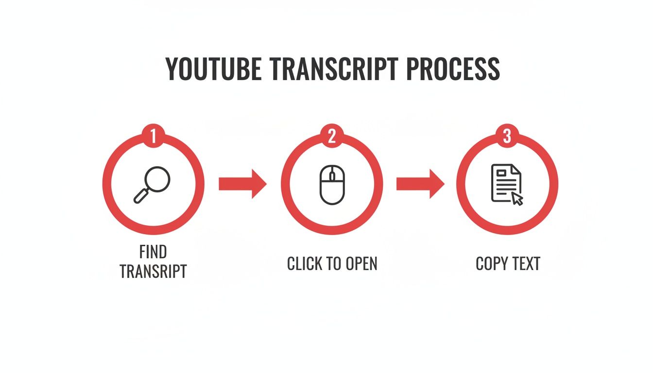 An infographic illustrating the three-step process to find, open, and copy a Youtube transcript.