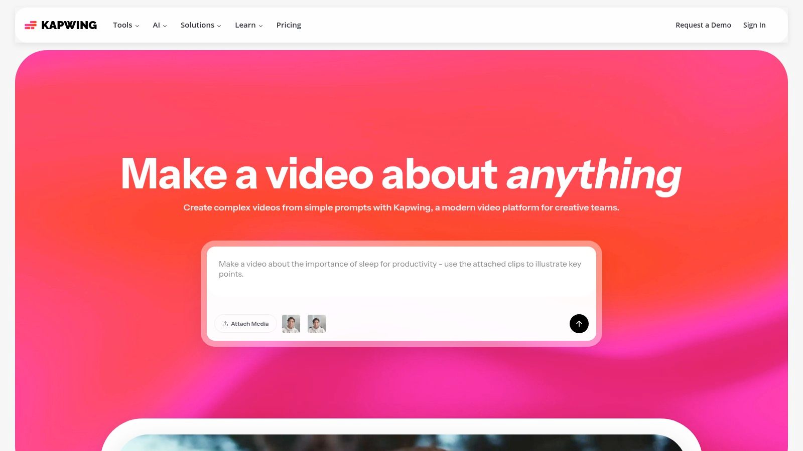 A screenshot of the Kapwing online video editor interface, showing a video on a timeline with auto-generated subtitles that can be styled and edited.