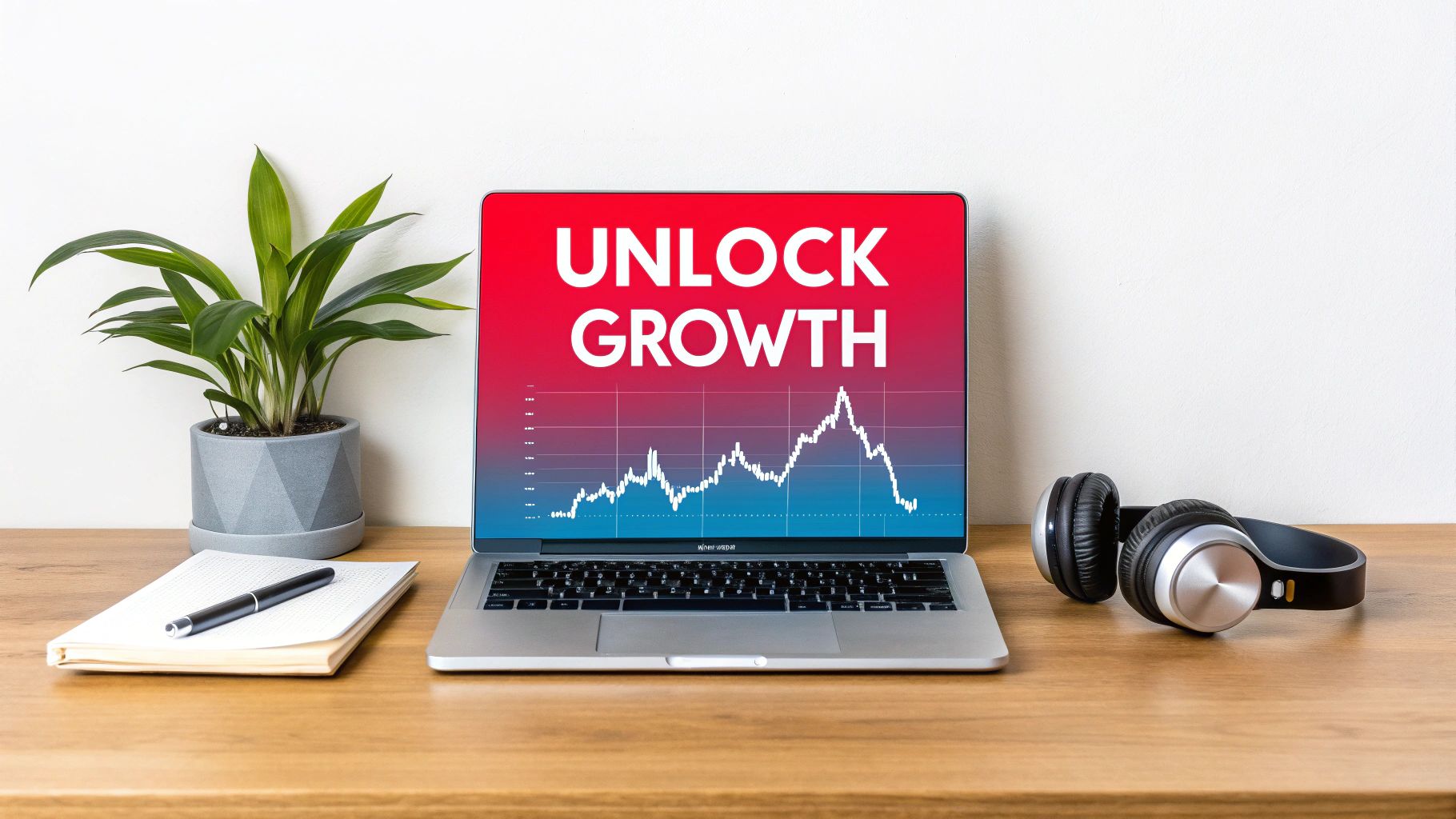 Modern workspace with a laptop showing 'UNLOCK GROWTH' graph, plant, notebook, and headphones.