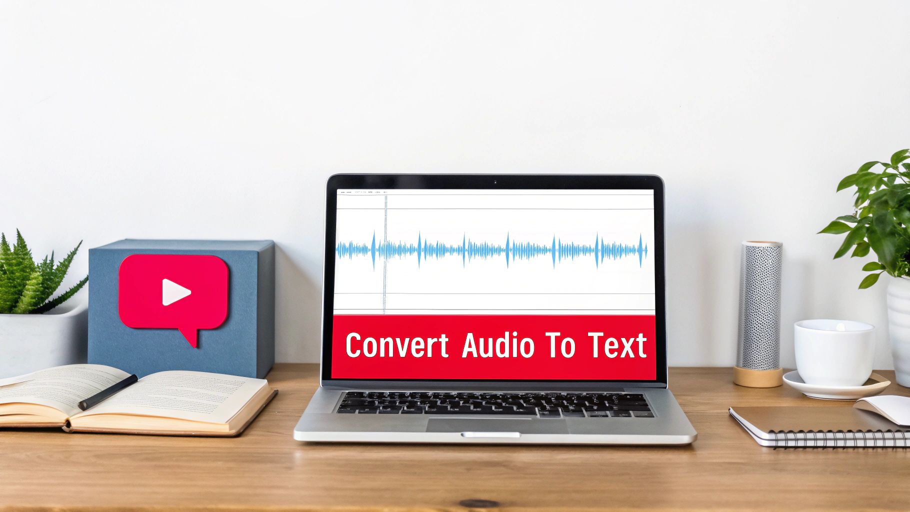 Laptop on a wooden desk displaying 'Convert Audio To Text' with a waveform, surrounded by workspace items.
