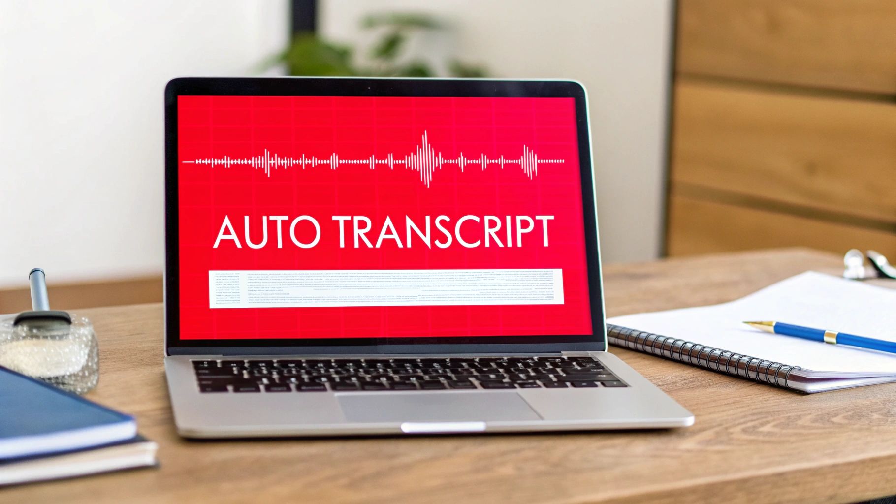 A laptop on a wooden desk displays 'AUTO TRANSCRIPT' with a sound waveform, next to notebooks and a pen.