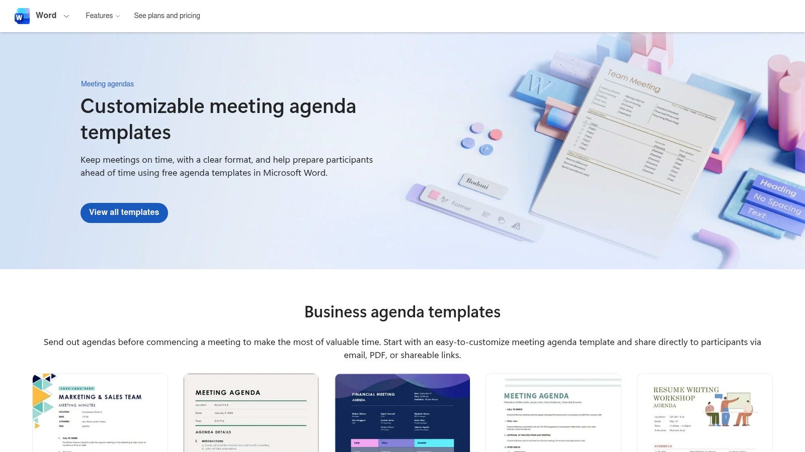 A collage of various meeting agenda templates available on the Microsoft Create website, showing different layouts and colour schemes.
