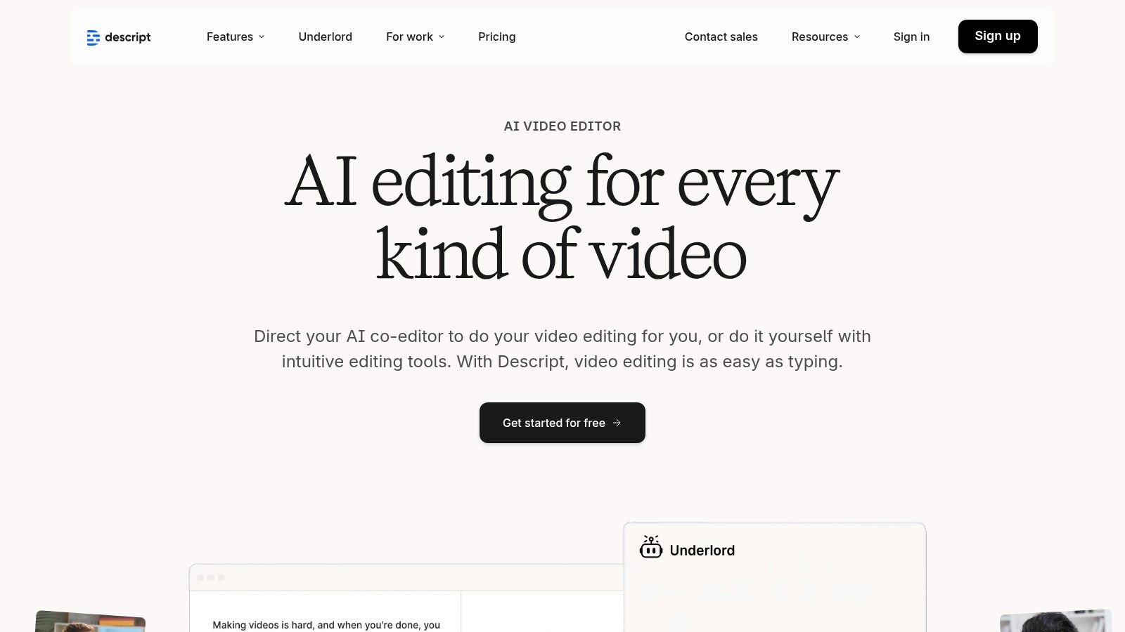 A screenshot of the Descript interface showing a video with its corresponding text transcript, illustrating the edit-by-text feature.