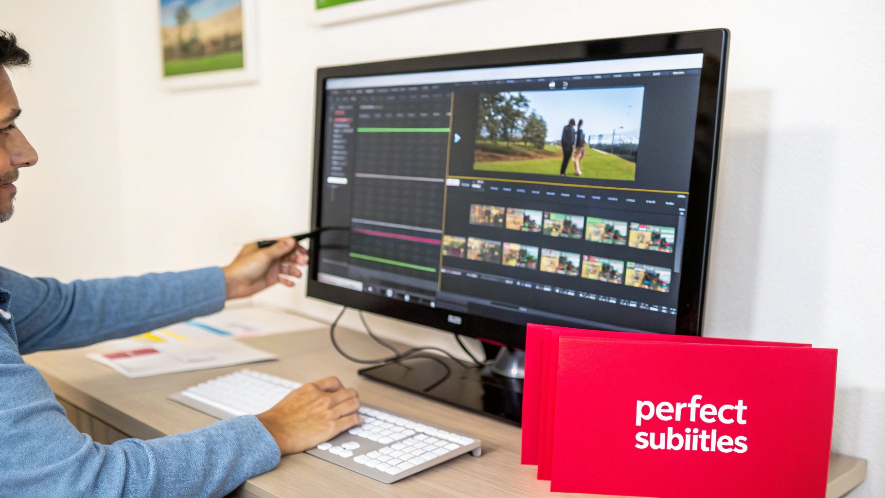 A man edits a video on a computer, pointing at the screen with a stylus, with 'perfect subtitles' folders nearby.