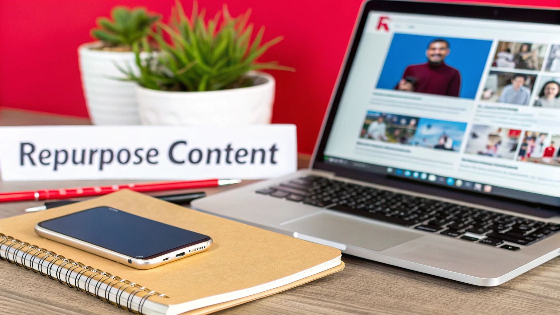 A laptop displays a video platform next to a 'Repurpose Content' sign, notebook, and smartphone.