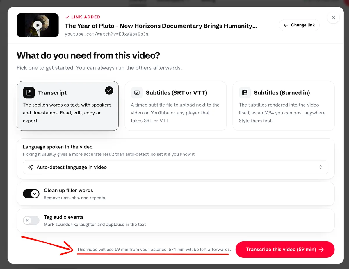 The options dialog before a job starts, with the line that says how many minutes the video will use and how many will be left.