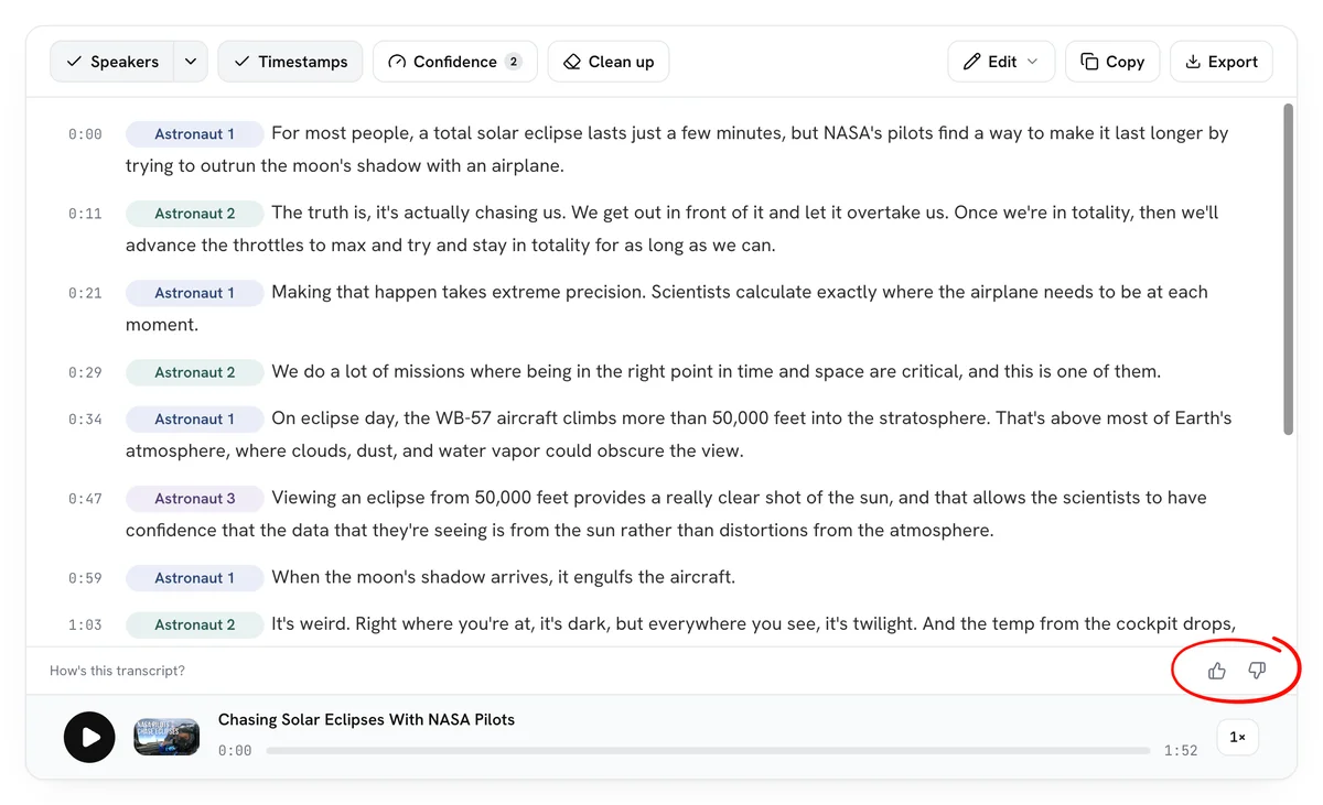 A finished transcript with the How's this transcript? bar under the text and its thumbs up and thumbs down buttons.