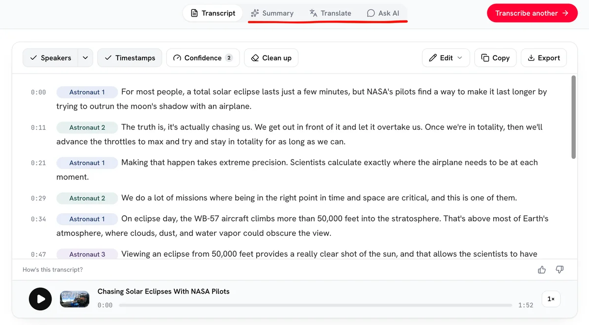 A finished transcript with the Summary, Translate and Ask AI tabs next to Transcript, above the text.